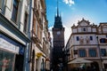 Pardubice, Czech Republic, 17 April 2022: Main Pernstynske square with townhall, colorful renaissance and baroque historical