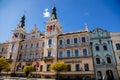 Pardubice, Czech Republic, 17 April 2022: Main Pernstynske square with townhall, colorful renaissance and baroque historical