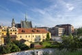 Pardubice / CZECH REPUBLIC - June 1, 2019: View of historic place called Pardubice Nuremberg, with church tower and Green gate Royalty Free Stock Photo