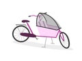 Parent cargo bike with children sit covered with rain cover. Pink cartoon realistic bakfiets on white background. Royalty Free Stock Photo