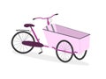 Parent cargo bike with three wheels, box bicycle. Pink cartoon realistic bakfiets on white background. Royalty Free Stock Photo