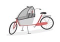 Parent cargo bike with two wheels and rain cover, box bicycle. Elegant cartoon realistic bakfiets on white background. Royalty Free Stock Photo