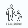 Parent with child flat line icon. Vector outline illustration of father and kid holding hands, family bonding. Children