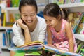 Parent and child reading books together in the library Royalty Free Stock Photo