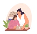 Parent and child sitting at desk with tablet PC, studying online together. Mother and kid watching, reading and learning