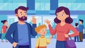 A parent and child using sign language to communicate in a crowded and noisy shopping mall.. Vector illustration.