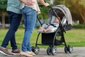 parent (father and mother) pushing infant baby stroller and walking in park Royalty Free Stock Photo