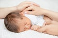 Parent Hand protect Baby holding Mother Finger. Child Protection. Newborn Health Care. Children Support and Love in Family. Infant Royalty Free Stock Photo