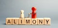 The parent is handcuffed to the child and the word alimony. The concept of parental debt. Alimony payment. Custody, care and