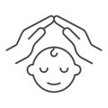 Parent hands on child head thin line icon, 1st June children protection day concept, protected baby with hand sign on