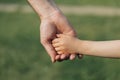 Parent holding the hand of a small child. Father`s hand lead his child in summer nature outdoor. Family or fathers day concept Royalty Free Stock Photo