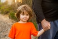 Parent holds the hand of a small child. Father& x27;s hand lead his child son, trust family concept. Parents holds the Royalty Free Stock Photo