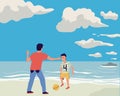 Parent and kid. Cartoon man playing football with boy at beach. Active game. Family outdoor leisure. Joyful people