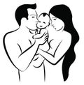 Illustration of father kissing the baby and mother hugging each other. Love for children. Happy parents day icon