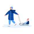 Parent sledding a happy smiling girl sitting on sled a vector illustration Royalty Free Stock Photo