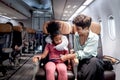 Parent take care kid on airplane, mother teach daughter to use seat belt during sitting in seat inside aircraft, African girl Royalty Free Stock Photo