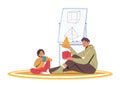 Parent or Teacher and Boy Sitting on Floor Studying and Learning Geometric Shapes Together. Father and Little Son Learn