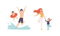 Parent and Their Children Spending Good Time Together Splashing in Water and Walking Vector Set Royalty Free Stock Photo