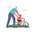 Parenting, Fatherhood Concept. Caring Dad Teaching Son to Ride Bike for the First Time. Father Teach Kid Boy Cycling