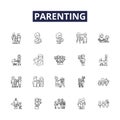 Parenting line vector icons and signs. Mothering, Raising, Nurturing, Guiding, Educating, Instructing, Directing