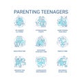 Parenting teenagers turquoise concept icons set