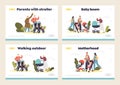 Parents and babies in strollers outdoor concept of landing pages with happy mom, dad and little kids Royalty Free Stock Photo