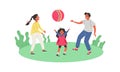 Parents with child playing ball outdoors, flat vector illustration isolated. Royalty Free Stock Photo