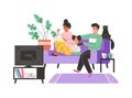 Parents and child watching TV at home flat cartoon vector illustration isolated.