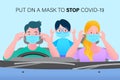 Parents and children all wear masks in the car. Before departure. Stay safe concept. Save lives design sign concept. Stop Covid-19