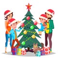 Parents With Children Decorating A Christmas Tree Vector. Isolated Illustration