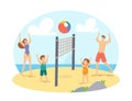 Parents and Children Playing Beach Volleyball on Sea Shore. Happy Family Characters Competition, Game and Recreation