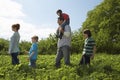 Parents and children 5-9 in a row in strawberry field Royalty Free Stock Photo