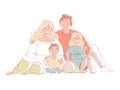 Parents and children are sitting on the floor. A happy family. Hand drawn style vector design illustrations