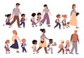 Parents with children walk set. Moms and dads hold hands and accompany kids to school, pupils with adults going class