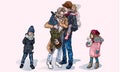 Parents and children for a walk in the winter, cartoon style. Happy family on the street in winter