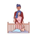 Parents couple with little baby in cradle