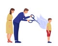 Parents cut wings to child illustration. Two characters clip off wings of hope for their son with scissors.