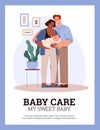 Vector illustration of parents, dark-skinned mom and dad hold the newborn baby in their arms and hug lovingly against of