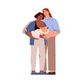 Vector isolated illustration of parents, dark-skinned mothers hold the newborn baby in arms and hug lovingly