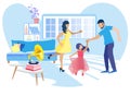 Parents and Daughter Dancing at Home Flat Cartoon