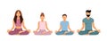 Parents with daughter and son meditating in lotus position. Isolated people on a white background. Healthy lifestyle Royalty Free Stock Photo