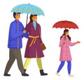 Parents and daughter spend time together walking on a rainy move down the street isolated on white Royalty Free Stock Photo