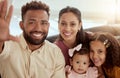 Parents, girl children and selfie on sofa with happiness, hand and photography for blog, post or portrait in family home Royalty Free Stock Photo