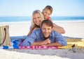 Parents, girl and portrait on blanket at beach with care, love and bonding in summer to relax on holiday. Father, mother