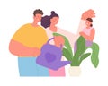 Parents grow child. Family care and live, happy daughter sit in flower pot on plant, mother and father watering her