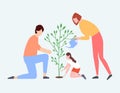 Parents help child plant tree, vector chart