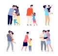 Parents hugging child. Family embracing, dad mom hug daughter. Friendship romantic relationship, adult holding baby