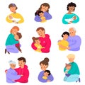 Parents hugging kids. Happy moms or dads embracing children. Different ages. Elderly people with toddlers. Family