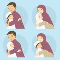 Happy Muslim Parents Hugging Their Children Vector Set