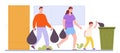 Parents and kid carrying trash bags to garbage can. Family housework
